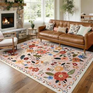 5x7 Washable Area Rug for Living Room, Floral Non-Slip Non-Shedding & Easy Care, Soft Low Pile Boho Indoor Floor Carpet for Living Room, Bedroom, Farmhouse, Dining Room, Kids Playroom, Beige