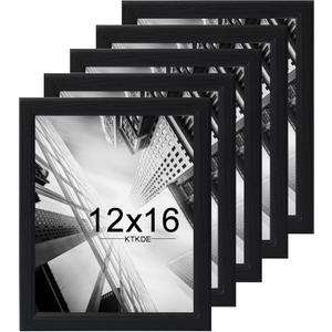 KTKDE 12x16 Picture Frame Set of 5,Black Wooded Shatter Resistant Glass, Vertical & Horizontal Wall Hanging for Wall Display, Studio Gallery Photo Frame for Photos, Posters & Art Prints