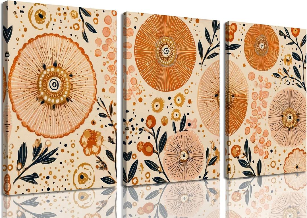 3Pcs Framed Boho Floral Wall Art Orange and Beige Abstract Botanical Wall Decor Pictures Modern Sunburst Flower Canvas Posters for Living Room Bedroom Office Home Decoration 16x24in