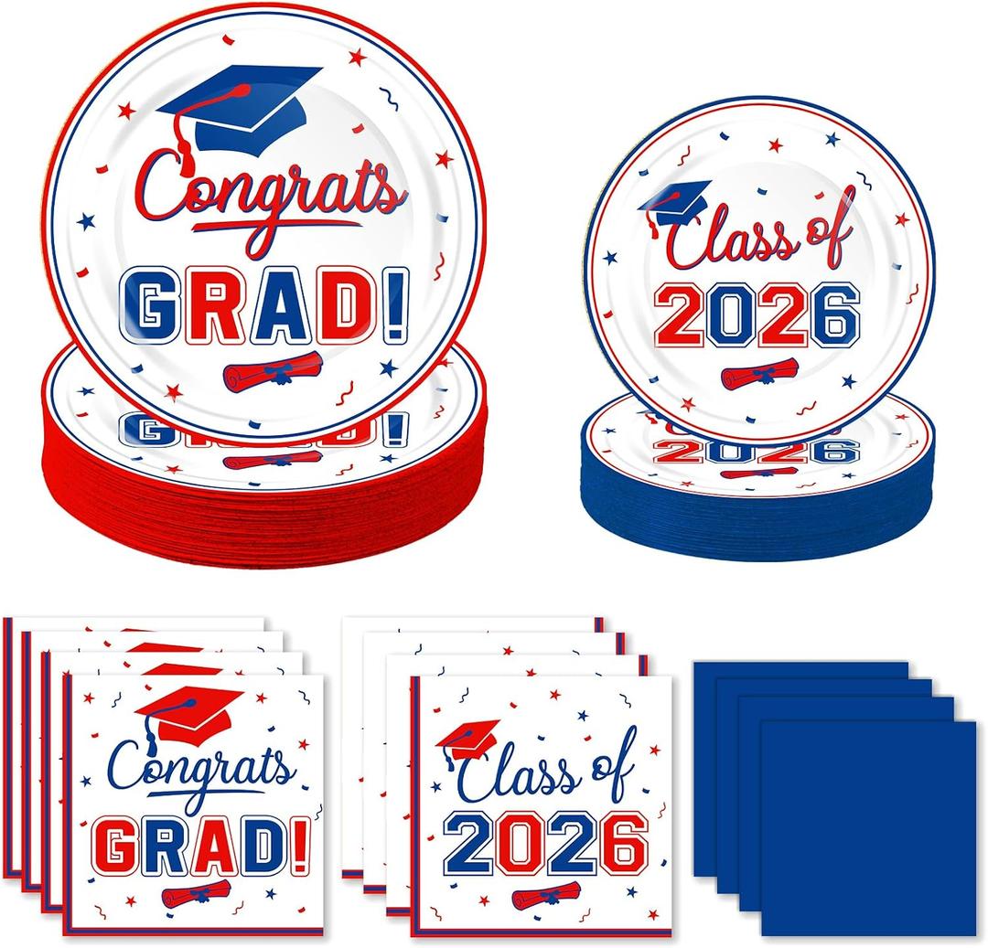 200 Pcs Graduation Table Decorations Party Supplies - Red Blue Graduation Plates and Napkins Class of 2026 Disposable Dinnerware Set for College High School Congrats Grad Party Favors, Serve 50