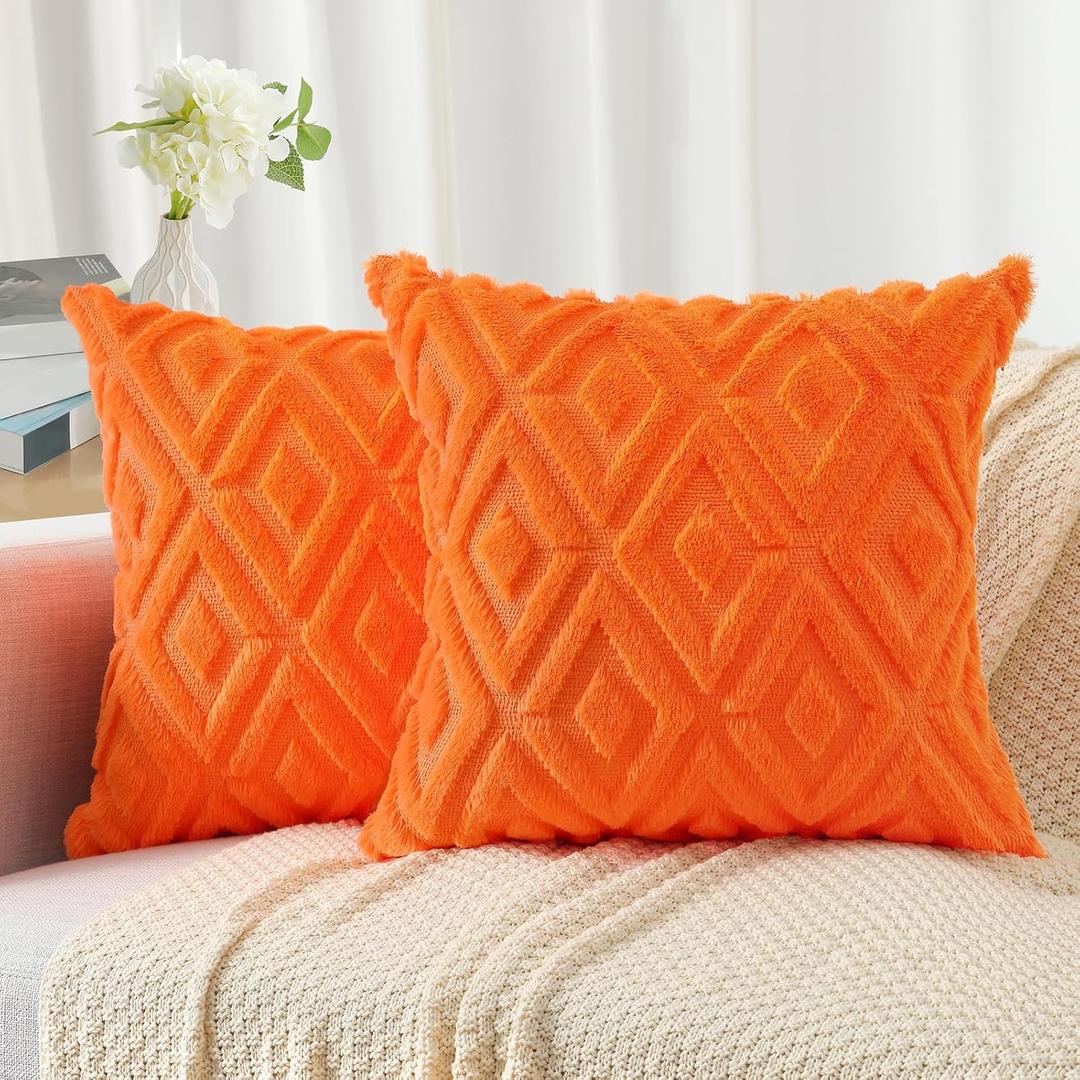 Pallene Summer Orange Euro Sham Throw Pillow Covers 22x22 Set of 2, Soft Plush Faux Fur Decorative Couch Pillow Covers for Sofa Bed Living Room Pillow Cases with 3D Diamond Pattern