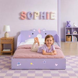 Delta Children Unicorn Wood Floor Toddler Bed with Reusable Stickers, Purple, Twin
