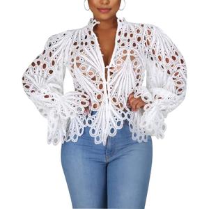 Womens Sexy Lace Long Sleeve Ruffled Tops Cute Puff Flare Blouses V Neck Hollow Out Button Down Shirt Tunic (XX-Large, W1)
