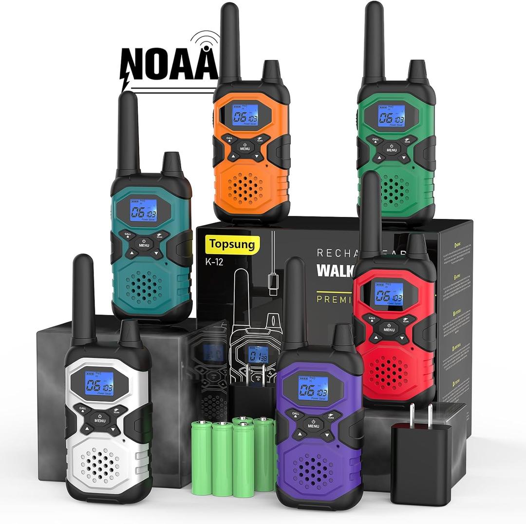 Topsung Walkie Talkies for Adults Rechargeable Long Range 6 Pack, Multi-Purpose FRS 2 Way Radios with NOAA USB Chargers 4500mAh Battery for Family Farm Warehouse Working Camping Hiking Skiing Cruise (Blue Green Orange Violet Red Silver)