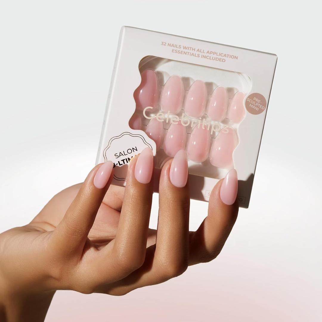 Celebritips Press On Nails - Salon U-ltimate | Clean Pink, Short Almond Nails, Reusable | 16 sizes - 32 Nails Kit with Glue and Sticky Tabs