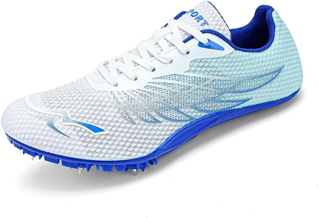 Track and Field Shoes for Men Women 8 Spikes Boys and Girls Kids Running Racing Shoes (6 Women/4.5 Men, Blue)