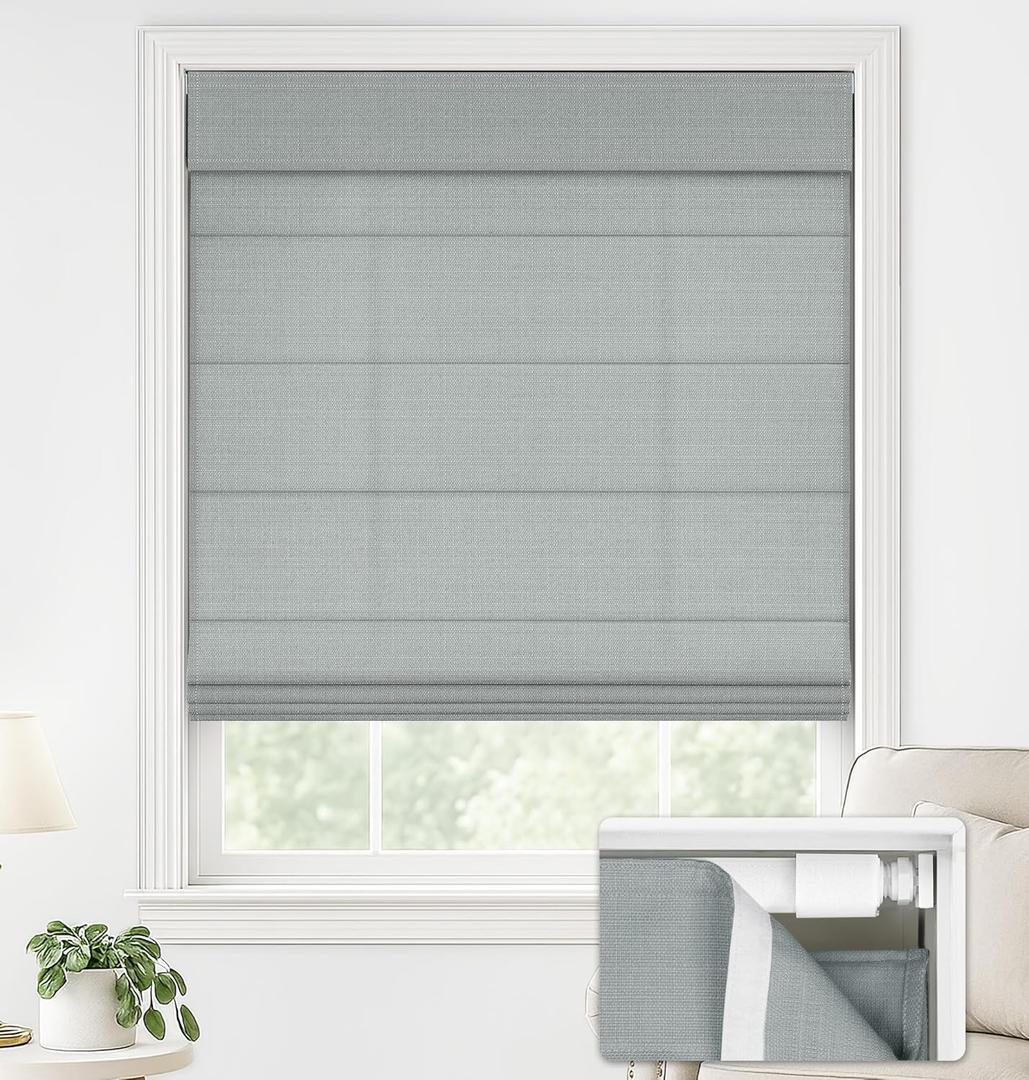 LazBlinds No Drill Roman Shades for Windows, Cordless Light Filtering Window Shades with UV Protection, Polyester Fabric for Bedroom & Living Room, 27" W x 64" H, Grey
