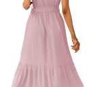 PRETTYGARDEN Women's Summer Floral Boho Maxi Dress Short Sleeve Wrap V Neck Ruffle Long Flowy Beach Wedding Guest Dresses (Pink, S)