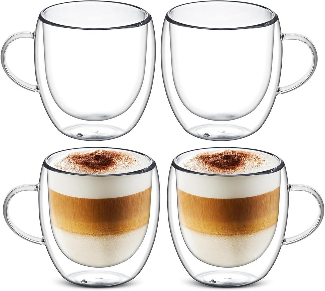 Sorfity Cappuccino Glass Mugs, Set of 4 Double Walled Espresso Mug Cups Glass Mug Set Insulated Clear Drinking Glass Coffee Cups with Handle for Latte, Cappuccino, Tea Bag, Juice (250ml /8.45oz)