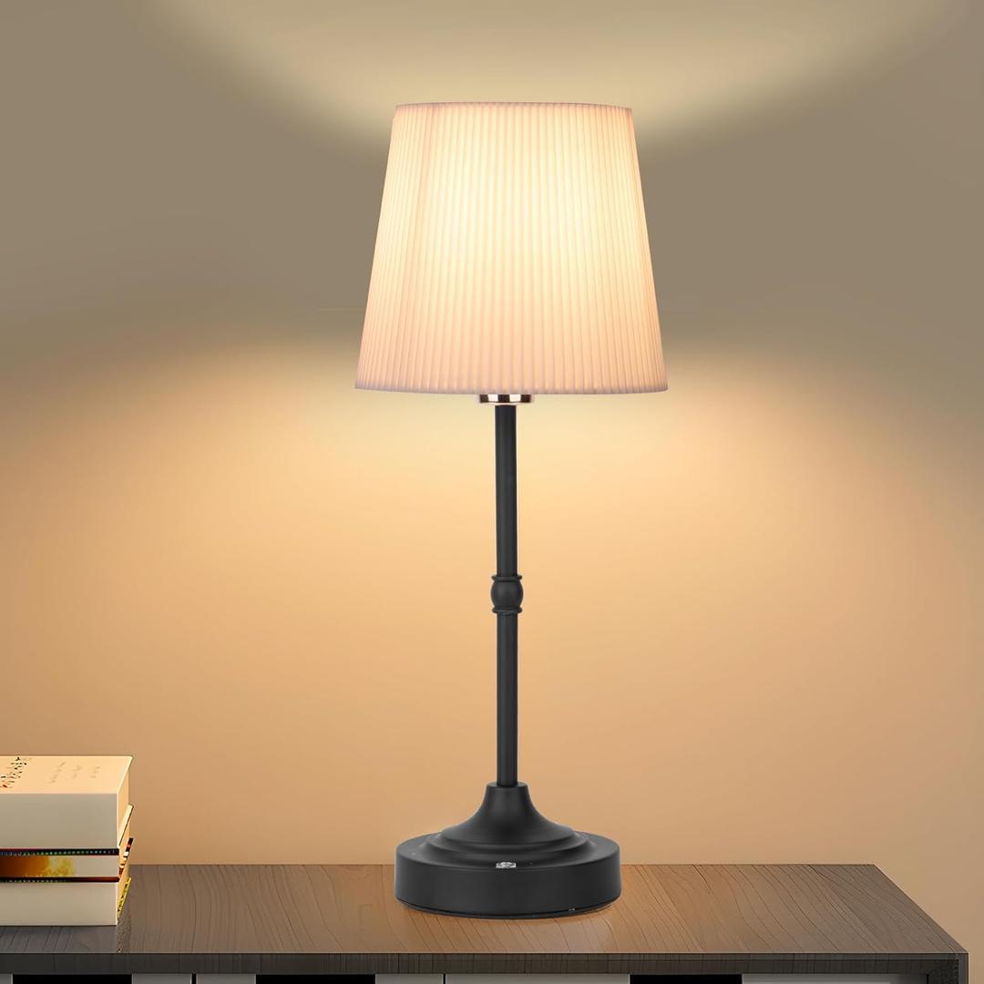 Cordless LED Table Lamp,Portables Fabric Shade Desk Lamps, 5000mAh Rechargeable Battery Powered Lighting, Dimmable Light for Dining Room, Bedroom, Bedside, Night Light, Balcony (Black-02)