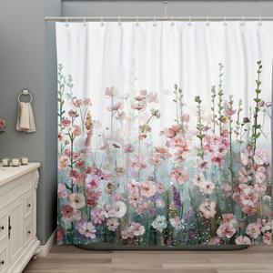 SUMGAR Colorful Flowers Shower Curtain for Bathroom Pink Floral Romantic Wildflower Plants Nature Scenery Decoration Curtain Set with Hooks, 72 x 72 inch