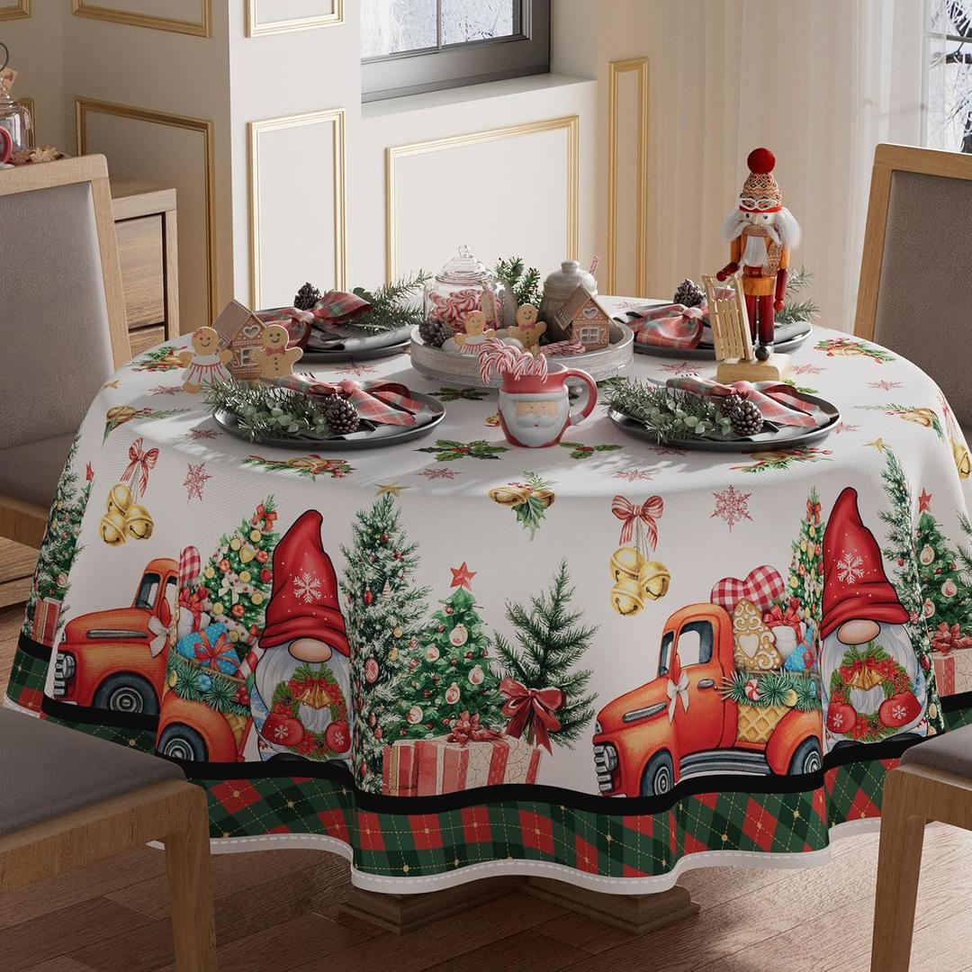 XCHI Gnomes Truck Tree Christmas Tablecloth Round Winter Table Cloth Washable Table Covers for Indoor Dining Home Party Xmas Decorations 70x70 Inch