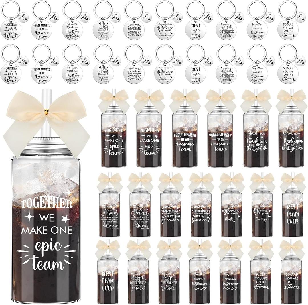 Skylety Valentine Day Employee Appreciation Gifts Bulk 20 13.5 oz Skinny Plastic Cup with Lid Straw 20 Inspirational Keychain Birthday Gift for Men Women Coworker(20 Set,Classics Make A Great Team)