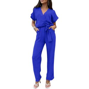 PRETTYGARDEN Women's One Piece Jumpsuits Dressy Casual Summer Short Sleeve Wrap V Neck Wide Leg Pants Romper Spring Clothes (Blue, M)