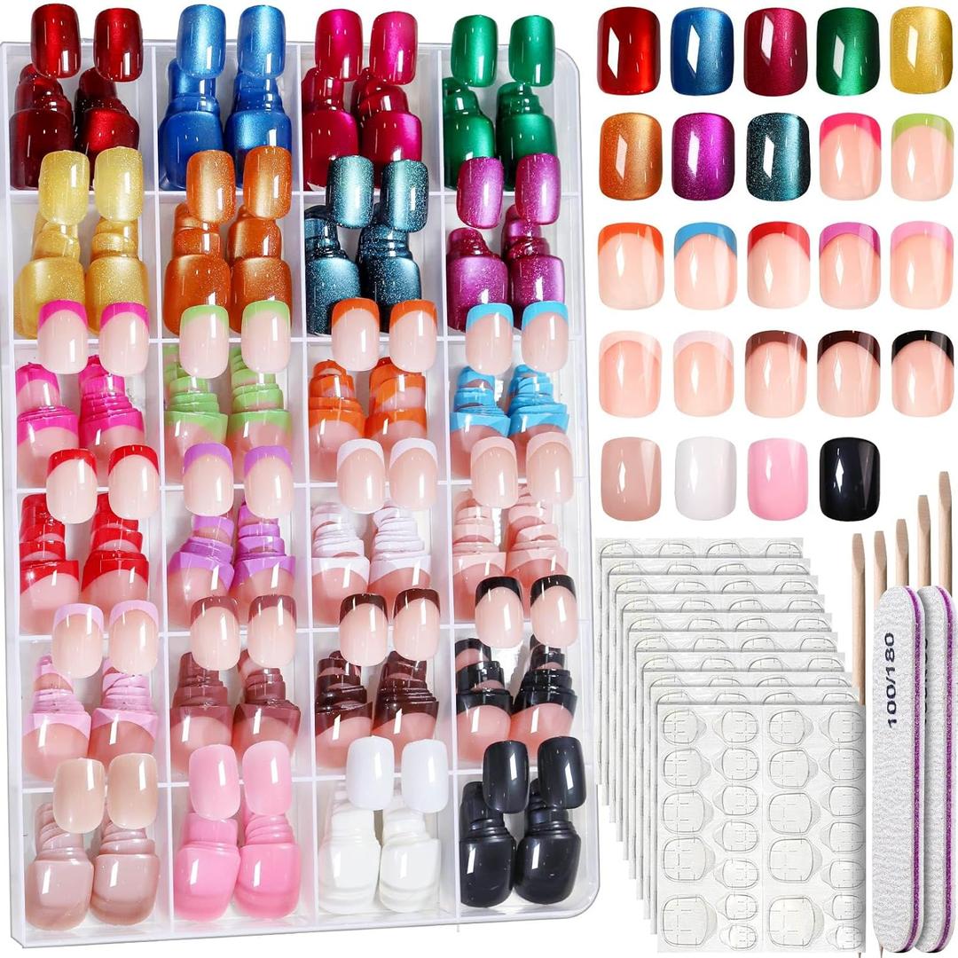FANDAMEI Press on Nails Short, 24 Colors 576PCS Press on Nails for Women, Cat Eye Nails Short Round. Glossy Nails Press On French Tip, Natural Fit Lightweight for Christmas Nail Art,  glossy/cat eye/french tip