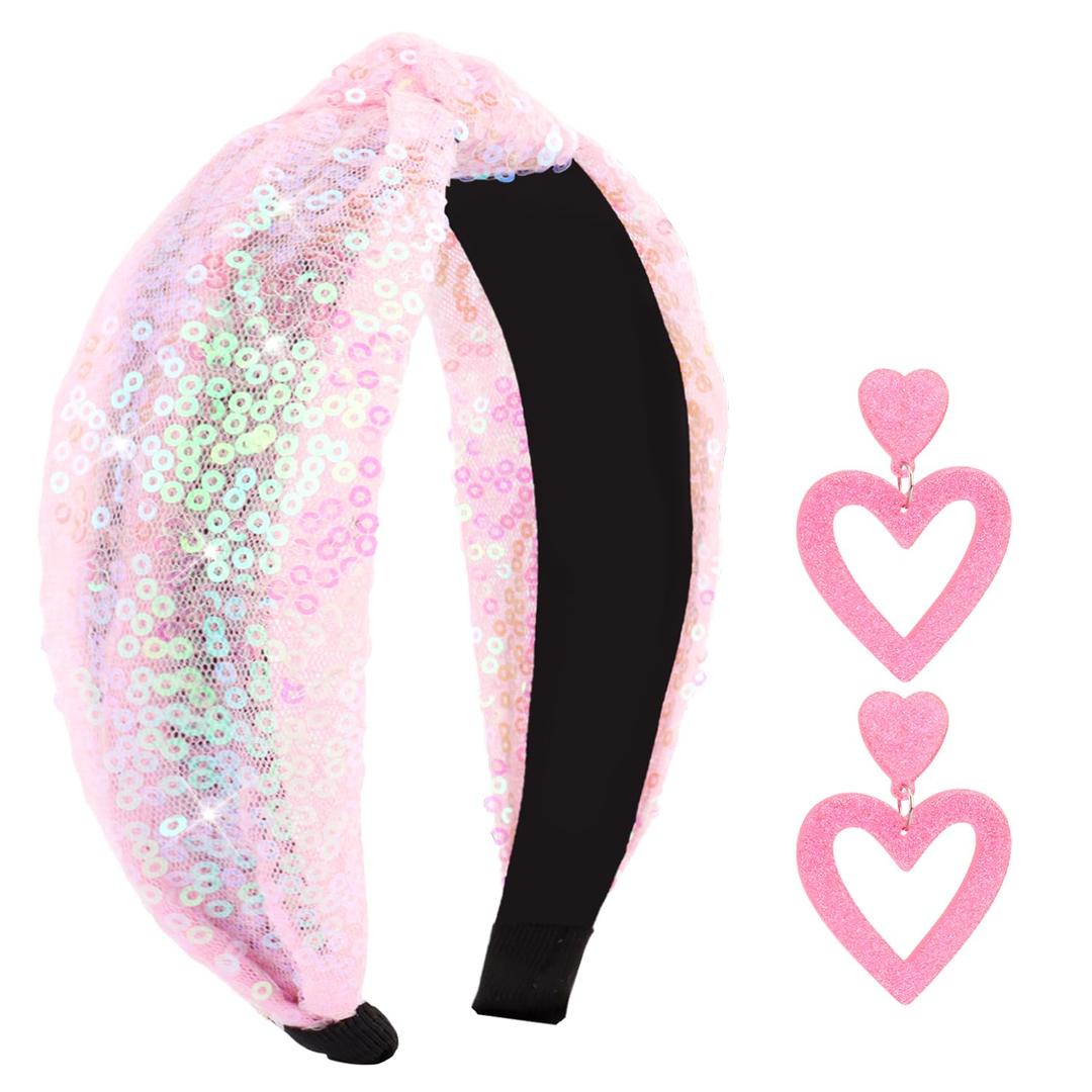 Valentines Day Headband Earrings for Women Glitter Sequin Knotted Headbands and Red Heart Earrings Dangling for Girls Valentines Day Hair Accessories Outfit Gifts for Girlfriend Wife Sister(Pink)