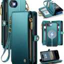 Defencase for iPhone 17E/ 16E Magnetic Wallet Case Compatible with Magsafe with RFID Blocking Zipper Pocket & Card Holder for Women Men, Leather Strap Detachable Case for iPhone 16e & 17e, Blue Green