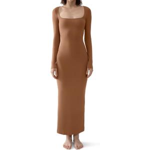 PUMIEY Women's Square Neck Long Sleeve Maxi Dress Ribbed Bodycon Dresses for Women Soft Lounge Dress (Medium, Caramel)