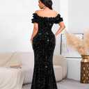 Dasmzper Women Sexy Sequin Off Shoulder Ruffle Short Sleeve Bodycon Mermaid Party Formal Evening Maxi Dress (Black, XXL)