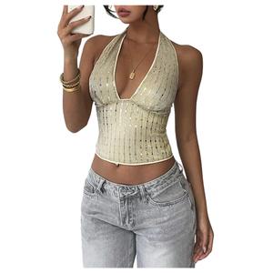 BEAUDRM Women's Y2k Going Out Tops Floral Lace Deep V Neck Halter Tops Tie Backless Sleeveless Party Club Outfits Yellow Sequin Small