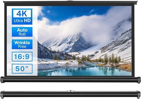 50 inch Small Projector Screen, Golden grain Retractable Pull Up Screen, Floor Projector Screen, 16:9 4K Portable Screen for Projector, Roll Down Movie Screen for Gaming Indoor, Mini Black Screen