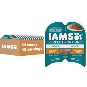 IAMS Perfect Portions Grain Free Wet Cat Food, Indoor Adult Cat Food Wet Cuts in Gravy, Chicken Recipe, (24) 2.6 oz. Twin-Pack Trays (EXP 05/03/28)