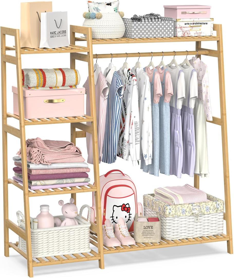 Kids Clothing Rack with Shelves, Bamboo Clothes Garment Rack for Kids Child Baby, Kids Dress Up Storage Rack with Top Shelf, Toddlers Wardrobe Closet for Nursery (Medium Size)
