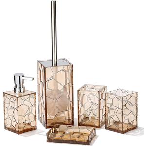 Clear Acrylic Bathroom Accessories Set - Rust-Free, Transparent Design - Includes Soap Dispenser, Toothbrush Holder, Cup, Soap Dish, and Toilet Brush 5-Piece (Brown)