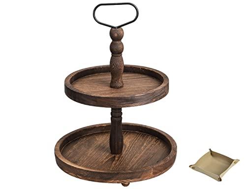 Farmhouse Wooden Decorative Two Tiered Trays+ Pu Leather Tray,Wood 2 Tier Serving Tray Stand for Rustic Table Centerpiece,Kitchen Decor,Coffee Bar, or Cupcake Stand (Brown)