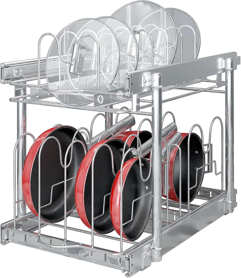 TQVAI Pots and Pans Organizer, Full-Extension Pull Out Cabinet Organizer, Slide Out Drawers for Kitchen Cabinets with Adjustable Dividers, Request at Least 15.5" W x 23.5" D x 23.5" H Opening - Chrome