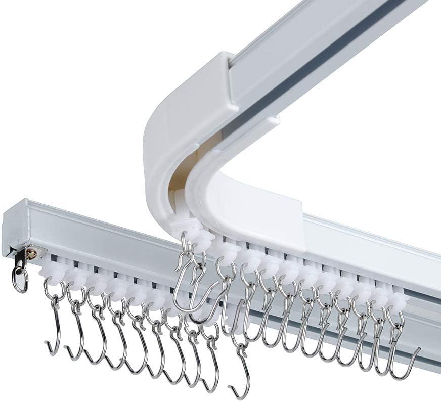 Room divider Ceiling Track set for Curtains with hooks, Corner Connectors(Set of 2) and top brackets Curtain Rail System (9-12 ft Track Set) White