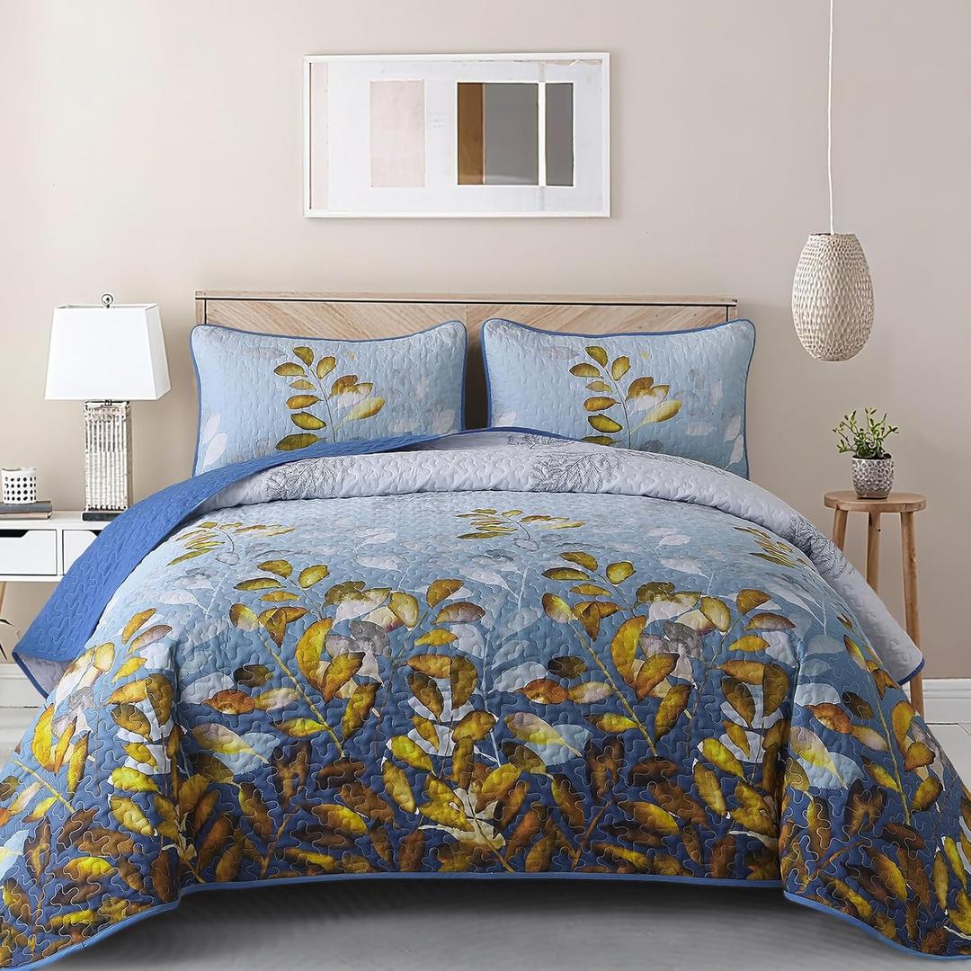 WONGS BEDDING 3 Pieces Quilt Set Queen Size, Blue-Gold Floral Bedspread Coverlet Set, Soft Microfiber Lightweight Floral Bedding Set King 104"×90"