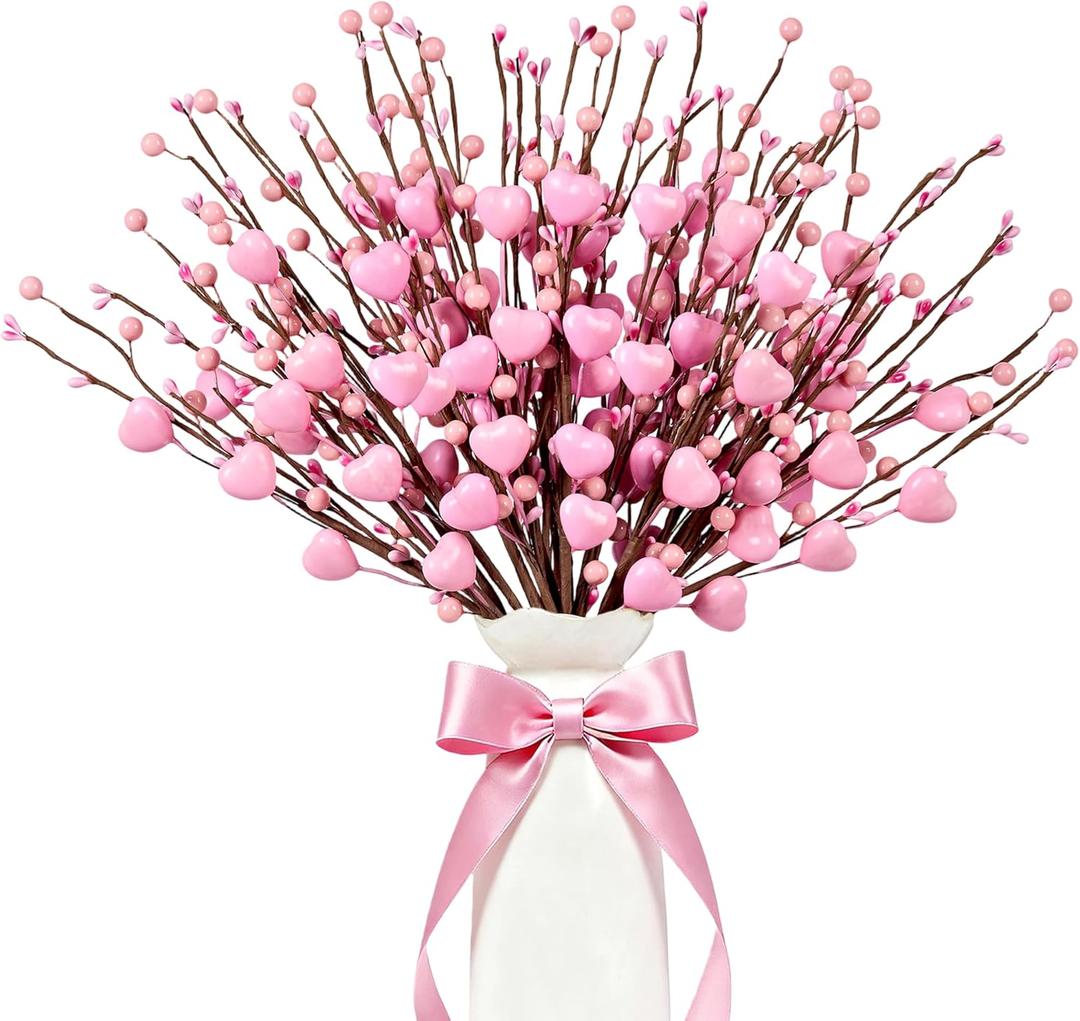 Valentine's Day Gifts 24 Pack Valentines Day Decorations 17 Inch Pink Heart Picks with Heart Shaped Berry for Valentine Anniversary Wedding Candlelight Dinner