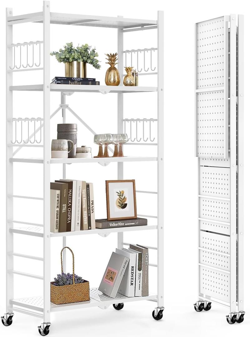 Himix 5-Tier Storage Folding Shelf with 20 Hooks, 4 Wheels, and Adjustable Feet, Stainless Steel (White)