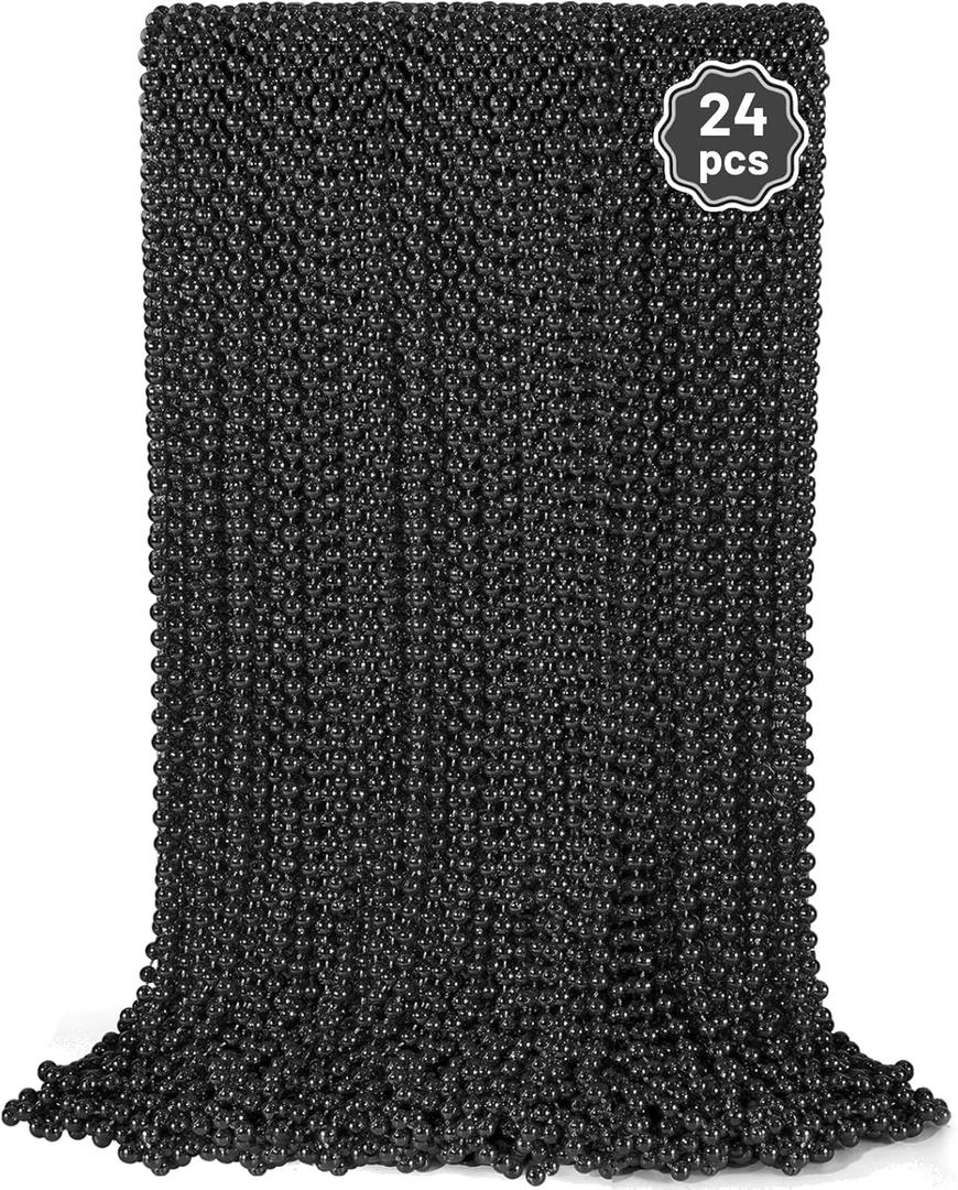 YAXINRUI 24 PCS Black Bead Necklaces, Black Mardi Gras Beads, Halloween Beads Necklaces, New Year Eve Necklaces, 33 Inch Black Beaded Necklaces for Mardi Gras Christmas Halloween Festive Events