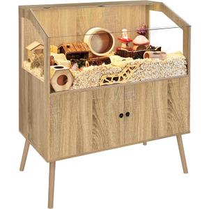 PROLEE Hamster Cage with Storage Cabinet,Large Hamster Encloure Chew Proof Wood,Clear View Hamster Habitat for Guinea Pig, Ferret, Rat, Hedgehog, 40" L x 20" W x 47" H (White Oak)