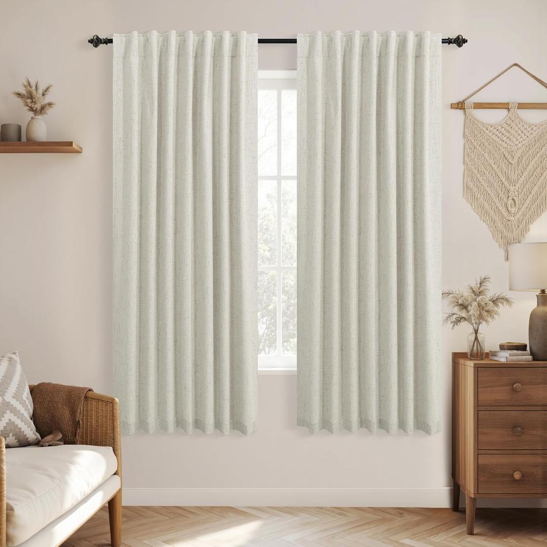 KOUFALL Natural Back Tab Linen Blackout Curtains for Living Room 52x63 Inches Long