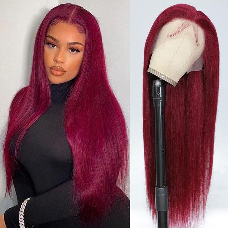 Mdgfge 26 Inch Burgundy Straight Lace Front Wigs Human Hair Transparent Pre Plucked Lace Frontal Wigs Human Synthetic Hair Wine Red Glueless Wigs for Black Women Halloween Cosplay Party