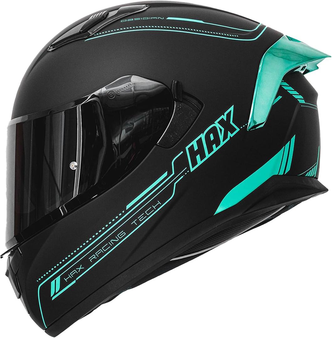 HAX Obsidian Full Face Dual Visor Adult Motorcycle Helmet for Motorbike Street Bike with Pinlock Ready DOT Approved Matte Black Aqua, Size: M