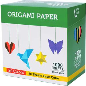 BUBU Origami Paper Kit 1000 Sheets 6 Inch Square Double Sided Color 20 Vivid Colors for Beginners Trainning and School Craft Lessons