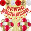 ANSOMO Red and Gold Happy Birthday Party Decorations with Banner Balloons Pom Poms Foil Fringe Curtains for Girls Women
