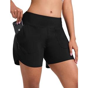 BVVU Women's 5 inch Swim Board Shorts Tummy Control Swimsuit Bottoms UPF50+ High Waisted Beach Shorts for Women with Liner, XXL, Black