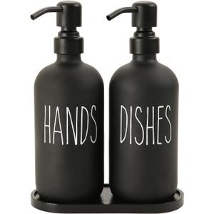 MOMEEMO Black Soap Dispenser Set, Contains Dish and Hand Soap Dispenser, Suitable for Kitchen Decor and Accessories. (Black) (H&d Black With Tray)
