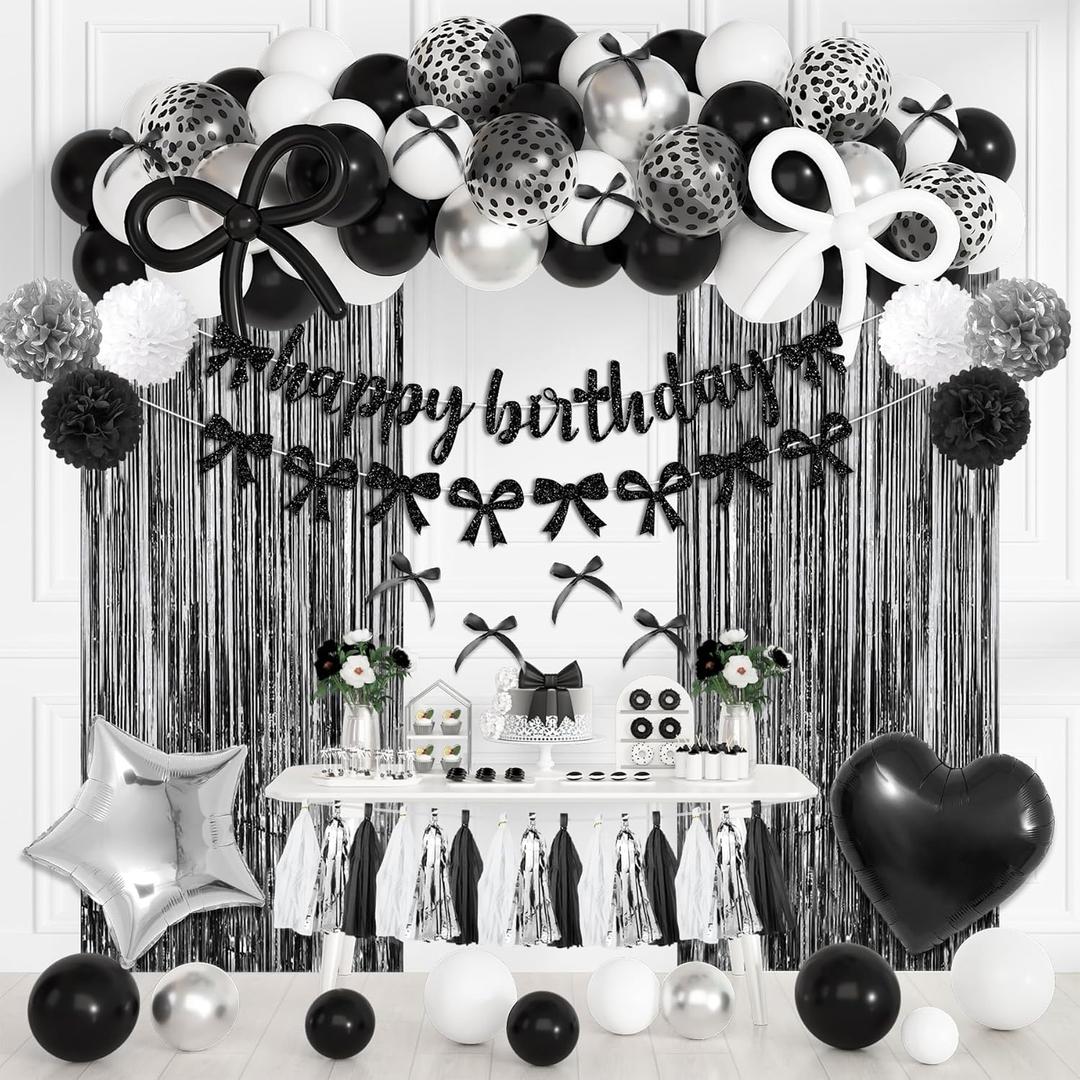 Black Bow Birthday Party Decorations, Coquette Bow Black and White Silver Confetti Long Balloons Happy Birthday Banner Fringe Curtain Tassel Pompoms for Women Girls Theme Baby Shower Party Supplies
