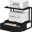 Printer Stand with Storage for Desk, with Fabric Drawer Desktop Printer Stand Shelf Organzier for Home Office, for Above and Under Desk Printer Table, Fax Machine Copier Scanner, Black (Double Rods)