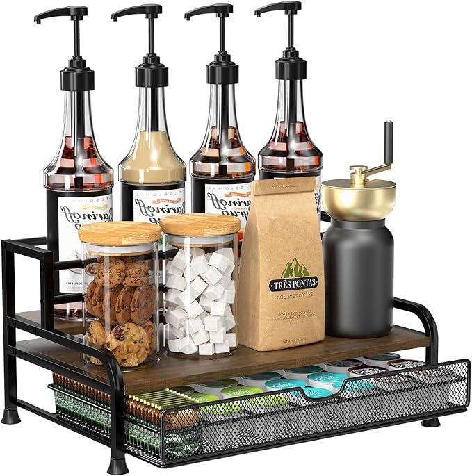 PONEYA Coffee Syrup Rack Organizer, 3Tier 8 Bottles Syrup Rack with 35 K Cup Storage Basket for Coffee Bar, Countertop Bottle Holder Stand for Dressing for Kitchen Cafe Station
