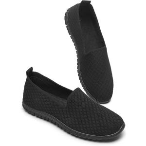 BABUDOG Women's Mesh Flats Shoes Breathable Slip on Shoes Casual Black and White Flats Comfortable Walking Shoes (9.5)