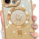 Bonoma Compatible with iPhone 13 Pro Case Support for MagSafe, Plating Heart Glitter Magnetic 2* Screen Protector TPU Camera Protection Back Cover for Girls Women -Gold