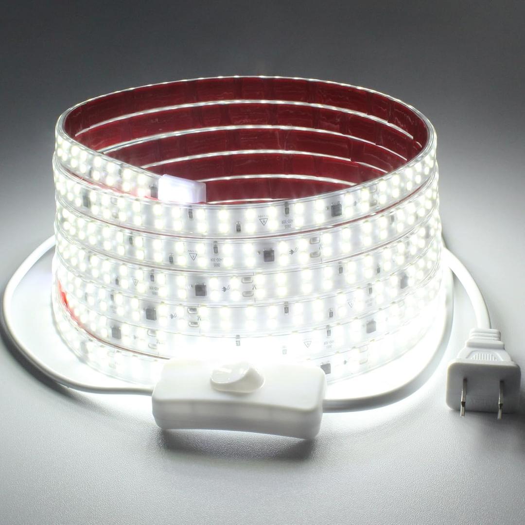 LED Strip Lights AC 110V 120V 9.84ft/3m Outdoor Lights Waterproof IP65 240LEDs/m 6000K Cold White Tape Lights Cuttable for Bedroom Under Cabinet Indoor Decor