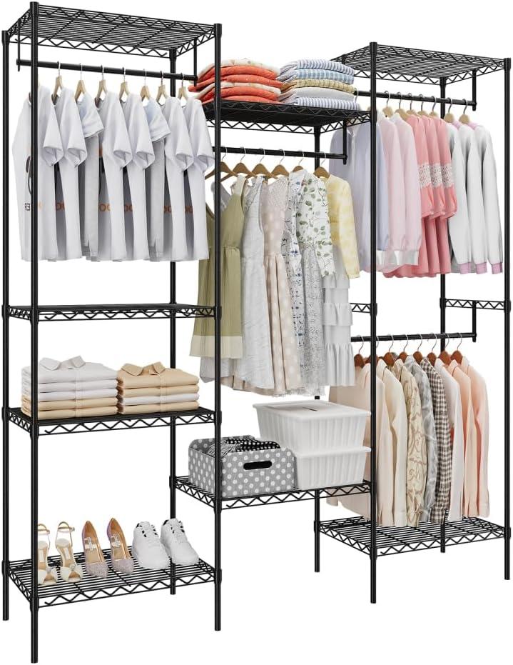 Metal Clothing Rack Heavy Duty Clothes Rack, Freestanding Clothing Organizer with 4 Hang Rods & 8 Shelves, Adjustable Closet Rack for Hanging Clothes, 68.9" L x 15.7" W x 76.4" H, Black